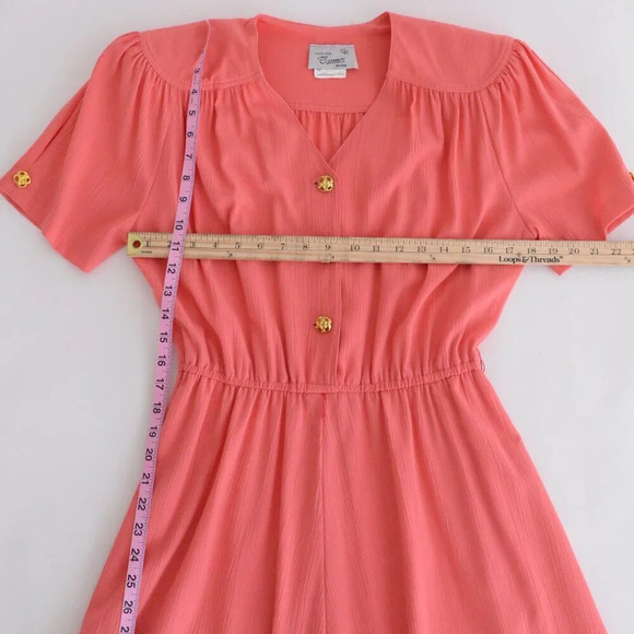 Vintage Cannes Collection Petite Coral Short Sleeve Gold  Button Midi Dress 9/10 - Picture 5 of 13